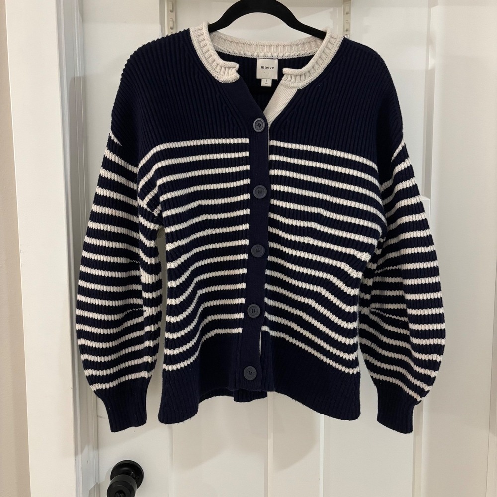 Maeve Navy Striped Button Front‎ Cardigan Sweater Balloon Sleeve Small
